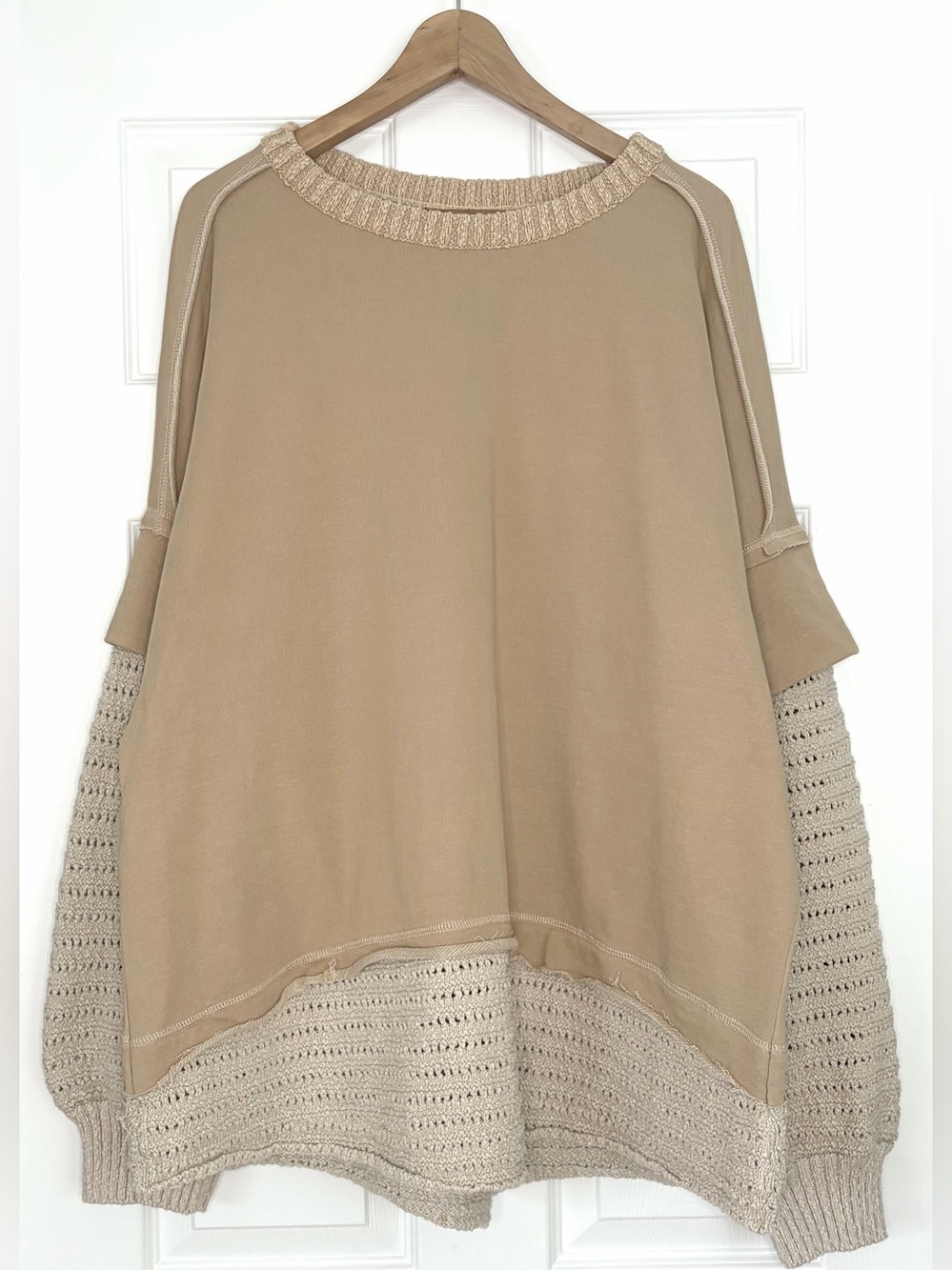 We The Free Two-Tone Cream & Tan Mixed-Media Crewneck Sweater Size XL - Picture 2 of 8